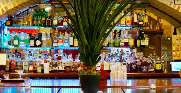 Pineapple plant on bar top with liquor bottles in background