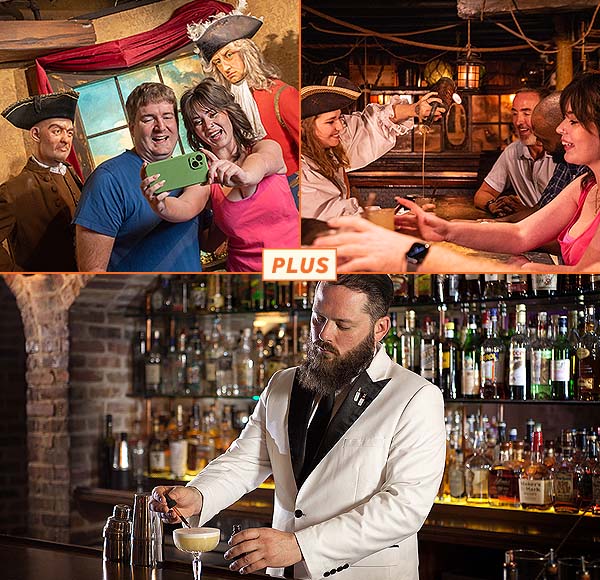 The Pirates and Treasure Museum™ Tickets + Drink and Prohibition Museum + Cocktail Package - images of pirate exhibit, drink a the Tavern and bartender at American Prohibition Museum
