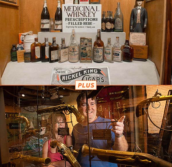 American Prohibition Museum bottle display and two guests viewing exhibit at Savannah Pirates and Treasure Museum